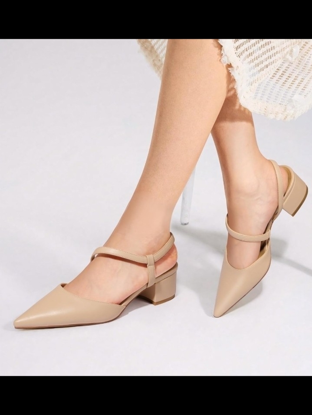 Pointed Toe Slingback Low Block Heel Pumps in Nude